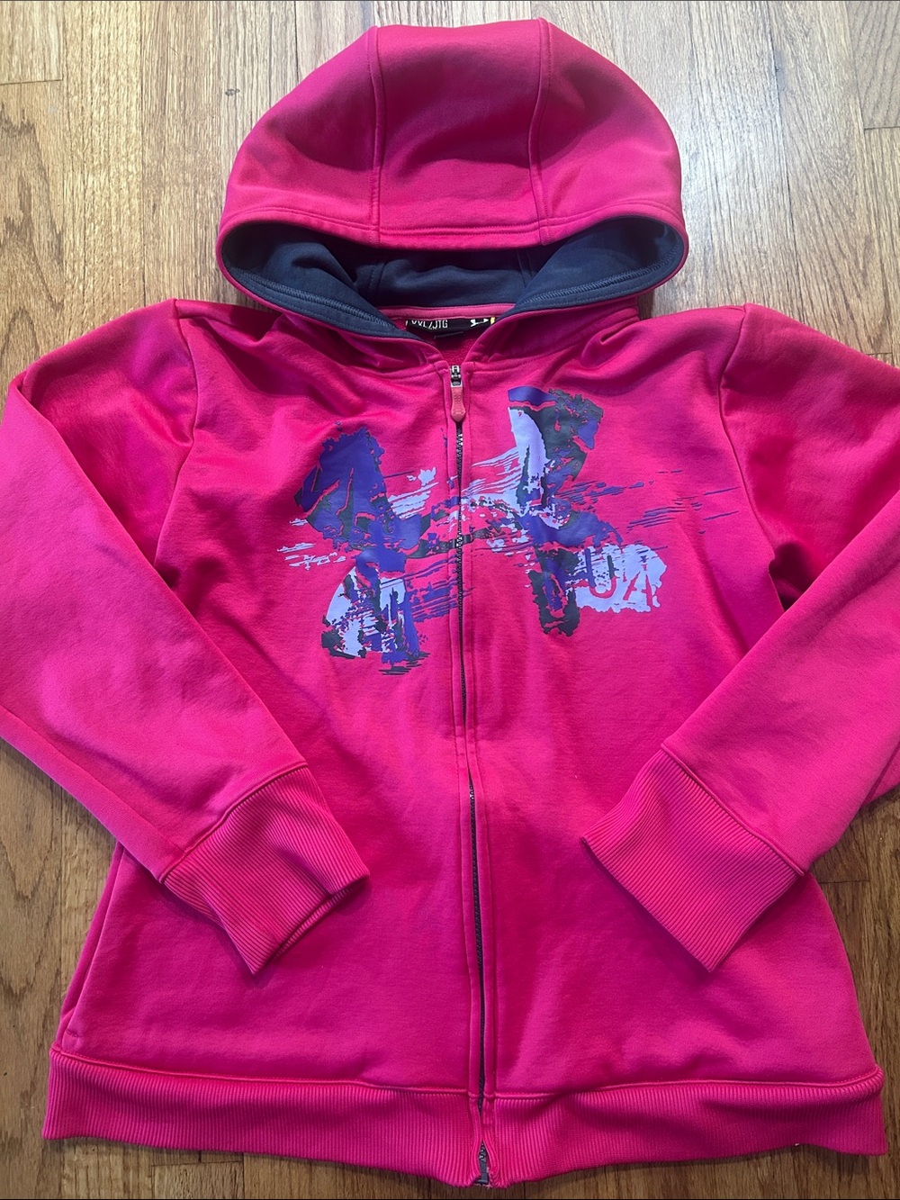 Girls' Under Amour Hot Pink Zip-Up Hoodie - Athletic Graphic Loose Fit Youth XL